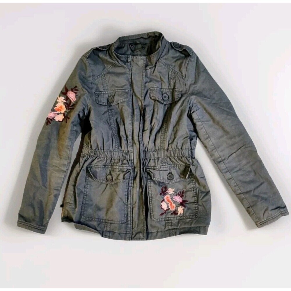 Jou Jou Girls Size XL 18/20 Military Style Floral Jacket Pockets Olive Green
